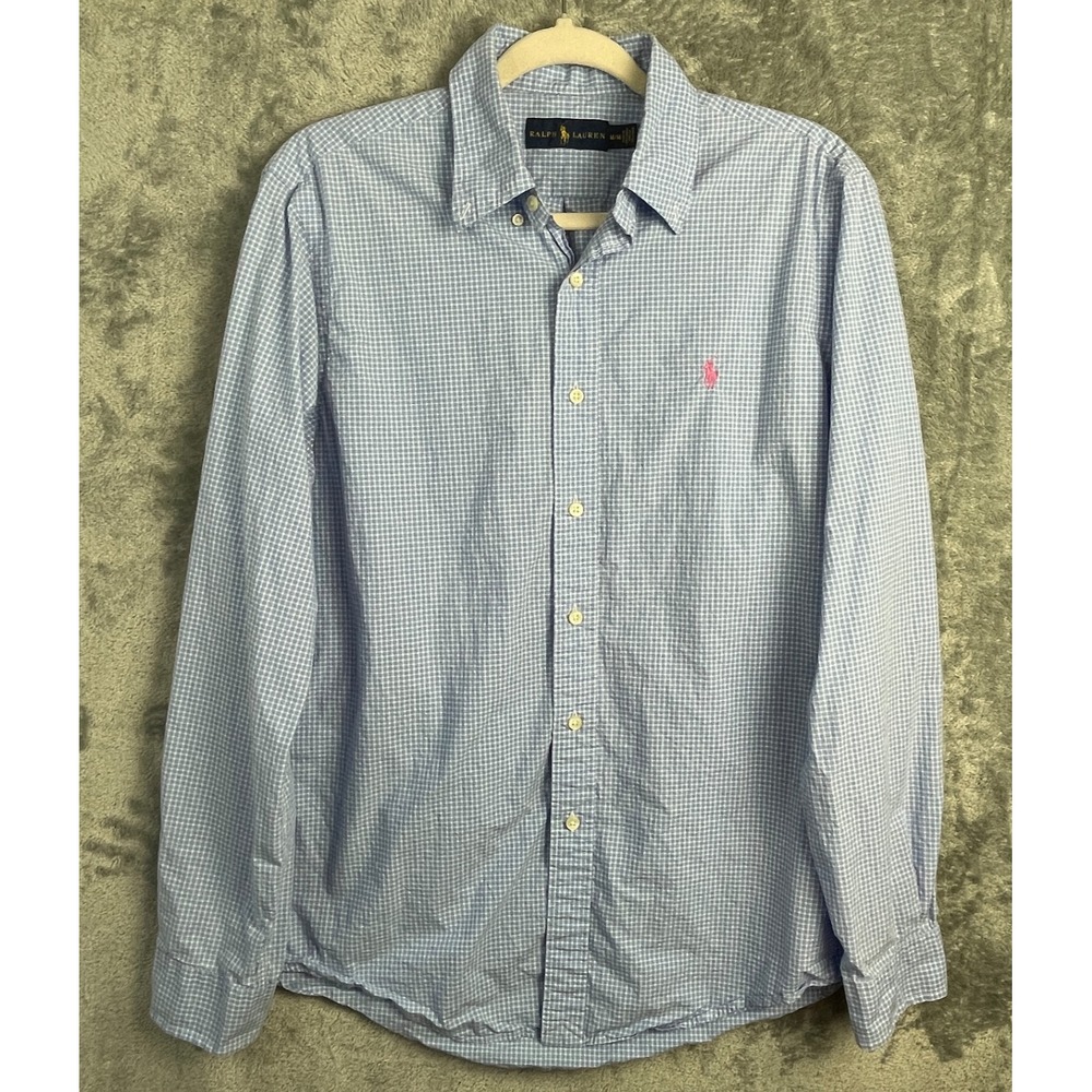 Ralph Lauren Shirt Mens Medium Blue Plaid Check Button Down Pink Pony Preppy EUC